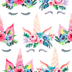 Bright beautiful spring lovely cute fairy magical colorful pattern of unicorns with eyelashes in...