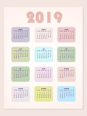 2019 calendar. Wall calendar template. Week Starts Monday. Stock vector illustration.