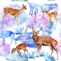 Set of spotted deer. Seamless pattern. Illustration. Watercolor. Template. Hand drawing. Clipart. Close-up