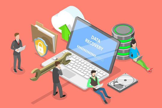 Isometric flat vector concept of data recovery services, data backup and protection, hardware repair.