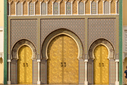 Three big golden doors of the royal palace of Fez, Morocco