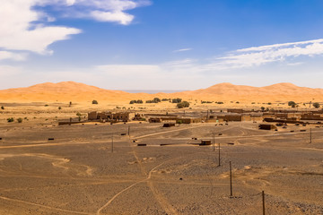 View over Merzouga village and sand dunes Morocco