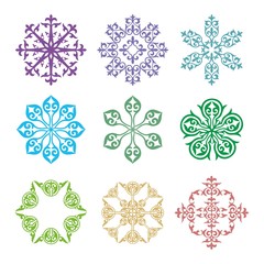 Vector drawings, creative concept design. Festive elements for flyers, invitations and greeting cards. New year, Christmas trees with ornaments, pattern, snowflakes in the traditional Oriental style 