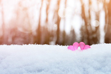 Beautiful romantic vintage red hearts together on white snow winter . Love and St. Valentines Day concept.