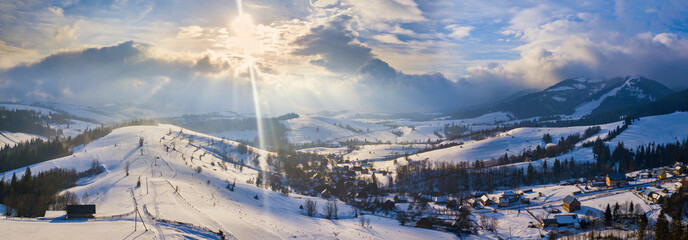 Winter landscape. Panorama of ski resort in Carpathian mountains