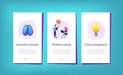 Brain, lightbulb and business team solving problem. Innovative solution, problem-solving and crisis management concept on white background. Mobile UI UX GUI template, app interface wireframe