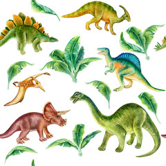 Dinosaur set. Seamless pattern, wallpaper with tropical leaves.  Predator animal of the prehistoric period. Illustration. Watercolor. Template. Hand drawing. Clipart. Close-up © Yuliia
