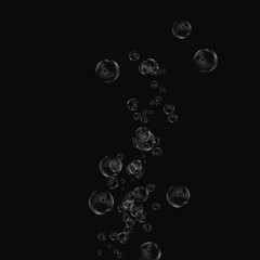 White air bubbles isolated on black background. Underwater oxygen. Soap closeup.