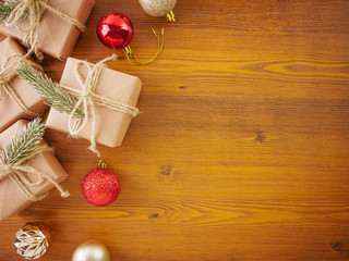 Flat lay,top view Christmas,new year ornaments and gift boxes on wooden background with copy space 