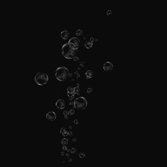 White air bubbles isolated on black background. Underwater oxygen. Soap closeup.