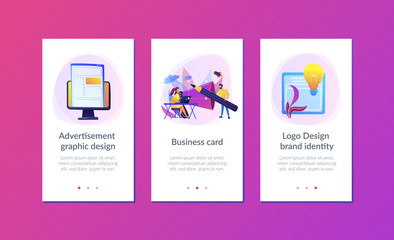 Designers work on new brand and big megaphone. Brand identity and logo, business card, advertisement and graphic design concept on white background. Mobile UI UX GUI template, app interface wireframe