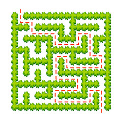 Abstract square labyrinth - green garden. Game for kids. Puzzle for children. One entrance, one exit. Labyrinth conundrum. Vector illustration. With answer.