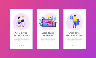 Marketer delivering ads with megaphone and devices. Cross-device marketing, cross-device marketing analysis and strategy concept on white background. Mobile UI UX GUI template, app interface wireframe