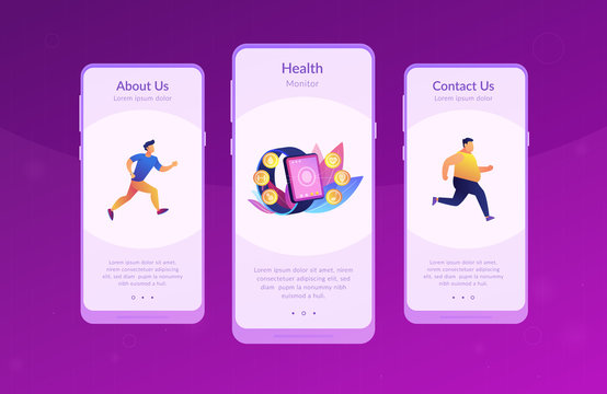 Runner uses smartwatch sport and health apps. Fitness tracker, activity band, health monitor and wrist-worn device concept on white background. Mobile UI UX GUI template, app interface wireframe