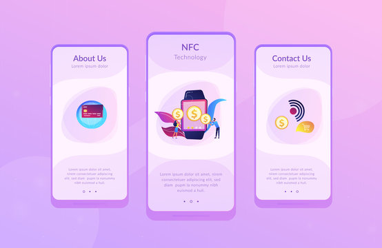 Users shopping and making contactless payment with smartwatch. Smartwatch payment, NFC technology and NFC payment concept on white background. Mobile UI UX GUI template, app interface wireframe