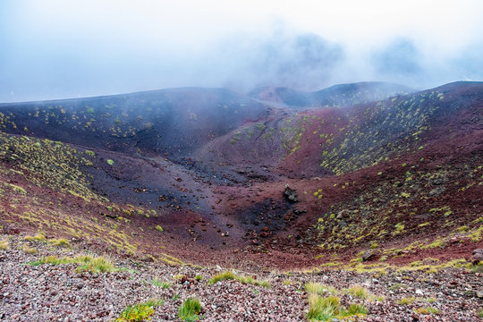 Aerial view Mount Etna volcanic crater one of the flank bowl-shaped craters
