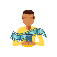 man black with smartphone and video tape