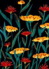 Hand-drawn Yellow and Red Flowers on Dark Background
