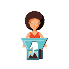 woman black sending picture with laptop