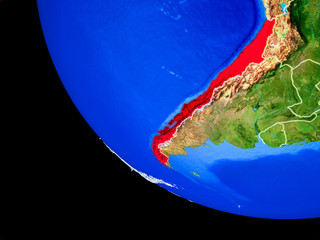 Chile on realistic model of planet Earth with country borders and very detailed planet surface.