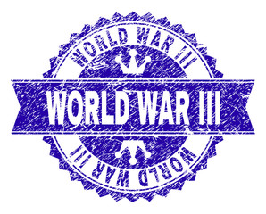 WORLD WAR III rosette stamp seal imitation with distress style. Designed with round rosette, ribbon and small crowns. Blue vector rubber print of WORLD WAR III title with dust style.