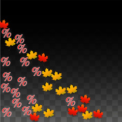 Vector Percentage Sign and Autumn Leaves Confetti on Transparent Background. Percent Sale Background. Business, Economics, Finance Print. Discount Illustration. Promotion poster. Black Friday Banner. 