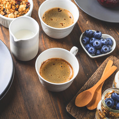 Cozy Breakfast food concept dark wooden background