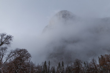 mountain coming through the fog in winter
