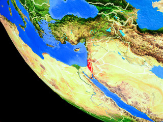 Israel on realistic model of planet Earth with country borders and very detailed planet surface.