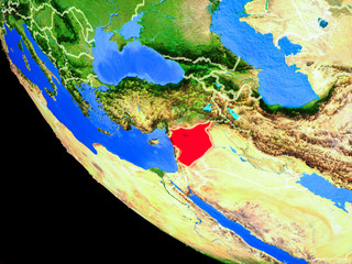 Syria on realistic model of planet Earth with country borders and very detailed planet surface.