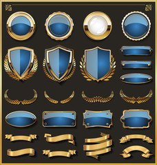 Collection of elegant blue and golden badges and labels design elements