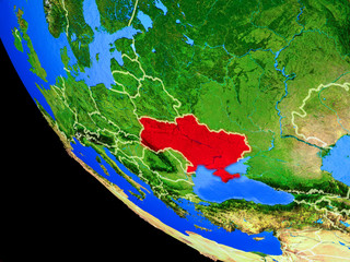 Ukraine on realistic model of planet Earth with country borders and very detailed planet surface.