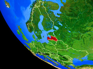 Latvia on realistic model of planet Earth with country borders and very detailed planet surface.