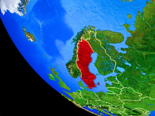 Sweden on realistic model of planet Earth with country borders and very detailed planet surface.