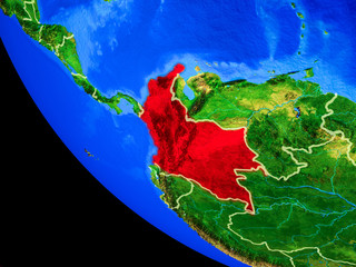 Colombia on realistic model of planet Earth with country borders and very detailed planet surface.