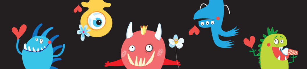 Festive banner with multicolored isolated funny monsters in love.