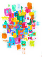 Beautiful hand drawn painting with colorful texture and patterns with brush stroke texture on white...