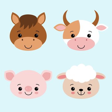 Cute Farm Animals Collection Set with Cow Horse Sheep Pig Cartoon Vector Illustration