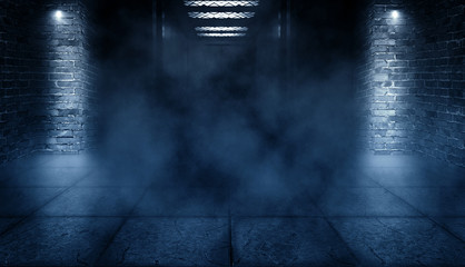 Background of an empty building with brick walls, illuminated by spotlights. View of open elevator doors. Neon light smoke. © Laura Сrazy