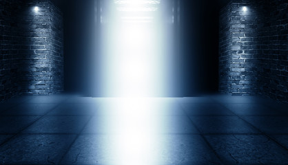 Background of an empty building with brick walls, illuminated by spotlights. View of open elevator doors. Neon light smoke.