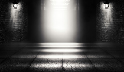 Background of an empty building with brick walls, illuminated by spotlights. View of open elevator doors. Neon light smoke.