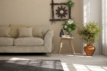Idea of colorful minimalist room with sofa. Scandinavian interior design. 3D illustration