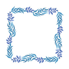 Frame from fantasy watercolor hand drawn leaves in blue colors. Isolated on white background. Background can be changed