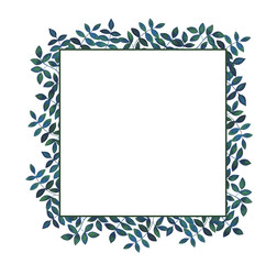 Frame from fantasy watercolor hand drawn leaves in blue colors. Isolated on white background. Background can be changed