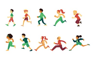 Vector sport people running jogging set. Male, female characters doing sports. Men, women runners working out. Adult people, young teenagers and senior person athletic collection.
