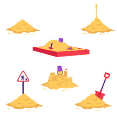 Sand heap vector illustration set - various piles of yellow dry powder using in building and repair works or for children games isolated on white background. Different sandy mounds with equipment.