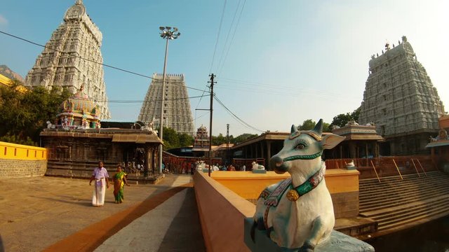 Tiruvannamalai / Tamil Nadu, India - 19 October, 2018 : Interior court of southern Indian temple complex statue of bull big gates tower around
