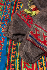 Elements of traditional winter cloth and rich decorated fabrics of nomadic tribe of Far North, Polar Circle of Russia