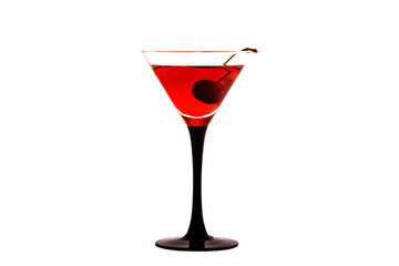 Red cocktail in a wine glass isolated on white background.