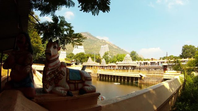 Statue of bull at Pond among towers of southern temple complex Tiruvannamalai holy mountain Arunachala on background